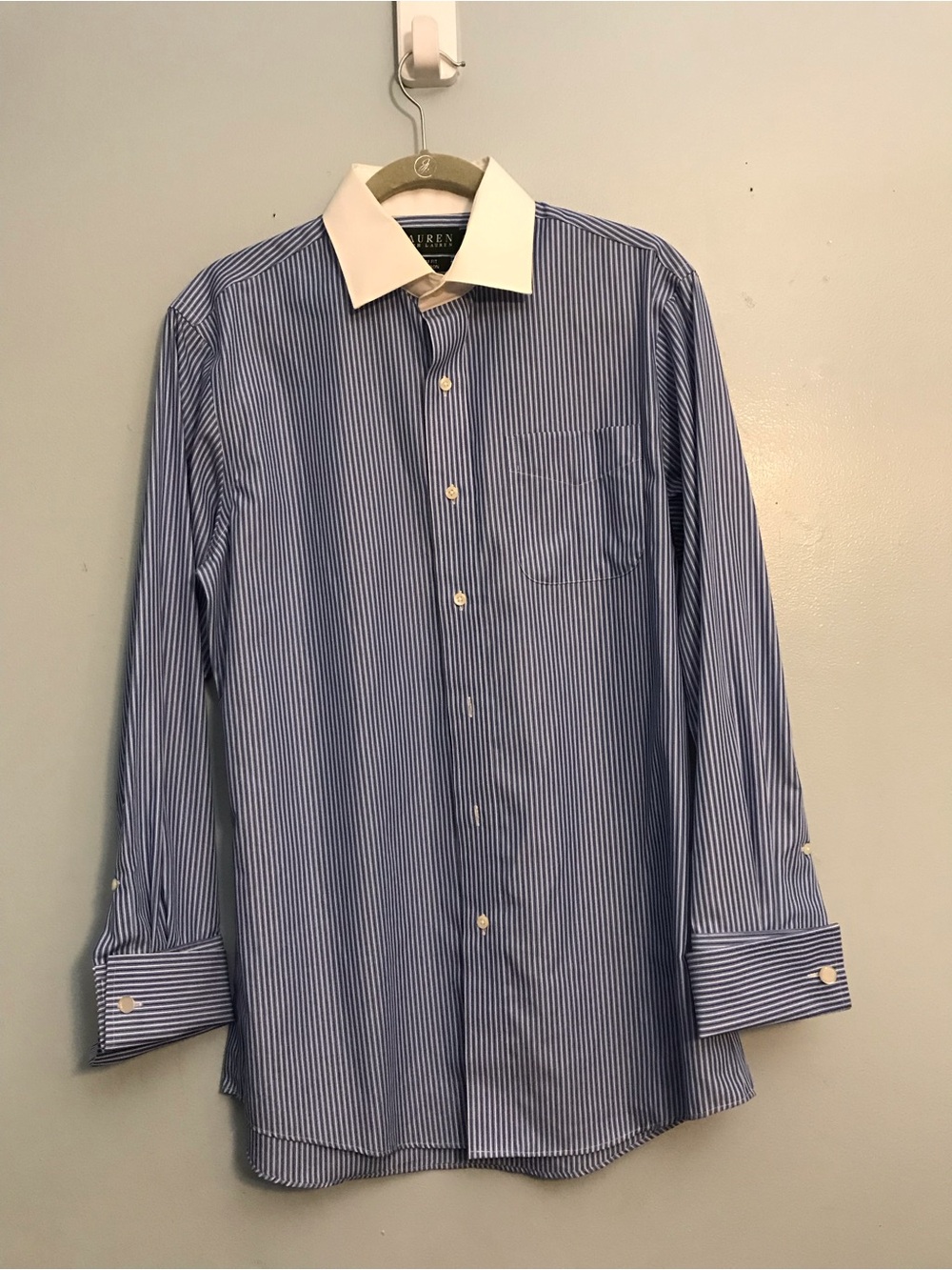 Lauren Ralph Lauren Men's Blue Pinstripe Dress Shirt with White Collar